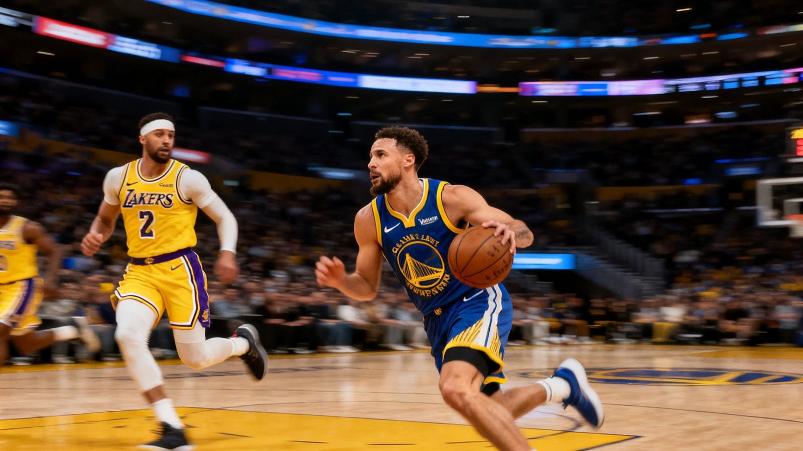 NBA常规赛高清直播画面，洛杉矶湖人队对阵金州勇士队，球员在篮球场上快速攻防转换
